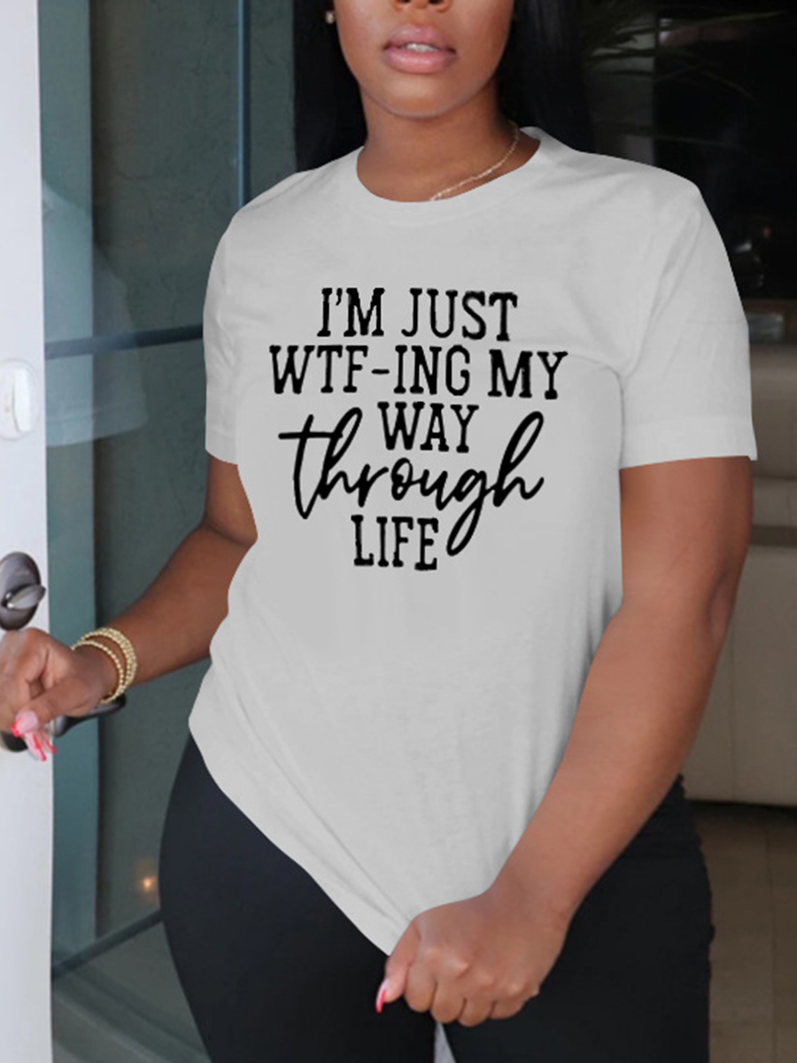 

Lovely Plus Size Casual O Neck Letter Print Grey T-shirt