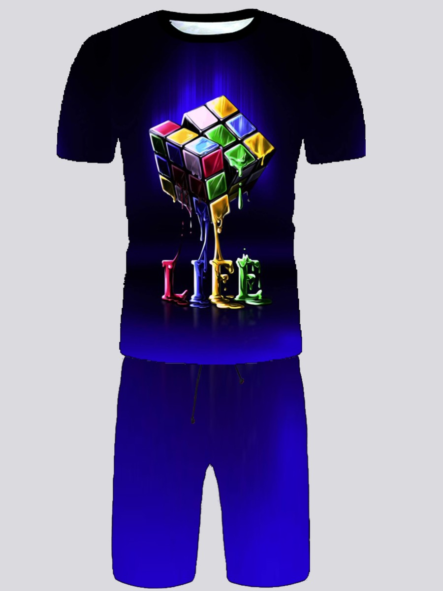 LovelyWholesale Men Street Gradient Letter Print Blue Two Piece Shorts Set Summer Short Sleeve Street Letter Round Neck Spring Summer 2024