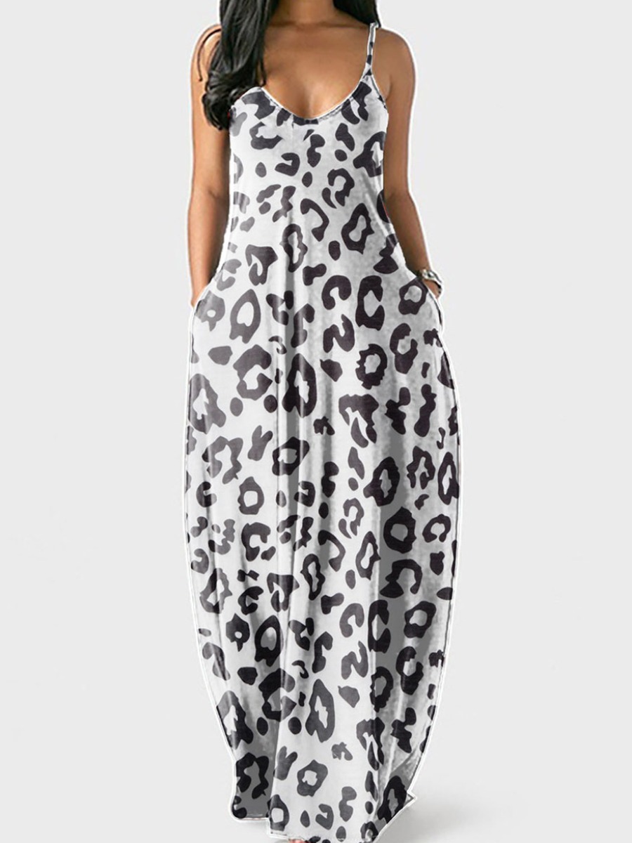 

LW Casual U Neck Leopard Print White Floor Length Dress