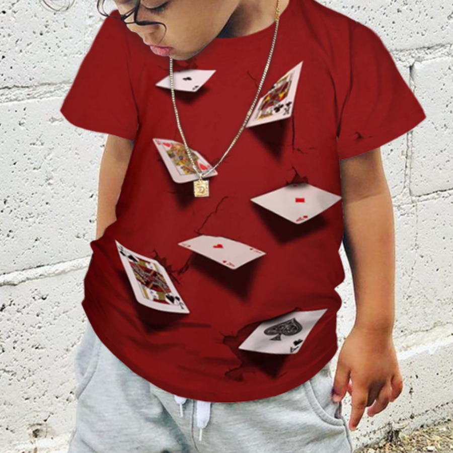 

LW BASICS Boy Street O Neck Poker Print Dull Red T-shirt