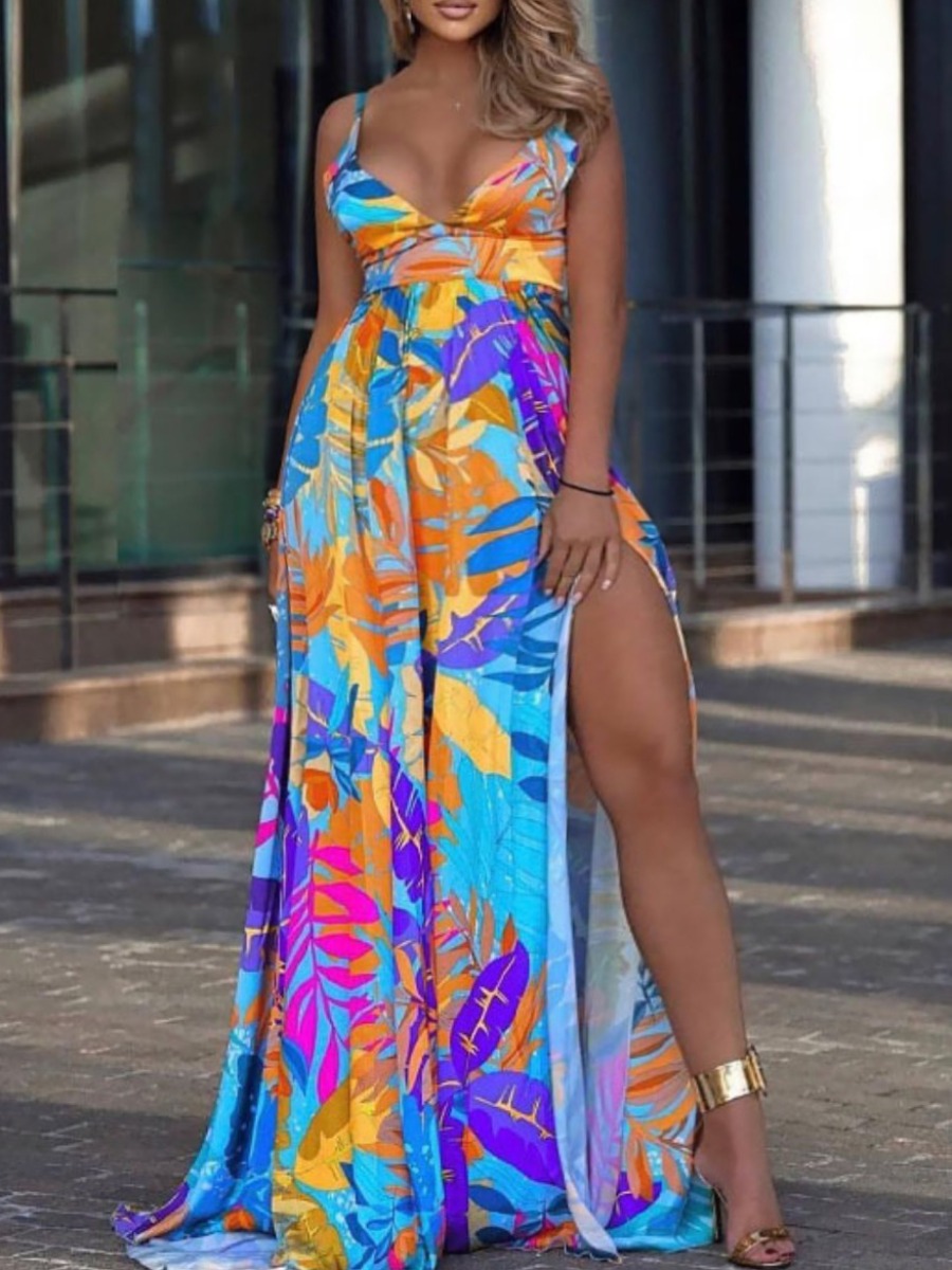 

Lovely Plus Size Boho Floral Print Split Multicolor Floor Length Dress, Multi