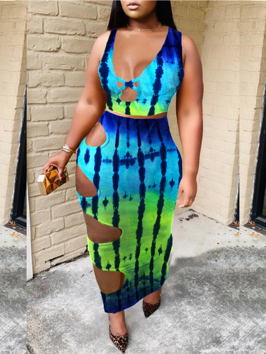 

Lovely Plus Size Street Tie-dye Hollow-out Blue Ankle Length Two-piece Pants Set