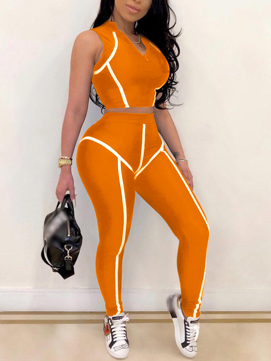 

Lovely Sporty Mandarin Collar Striped Orange Two Piece Pants Set