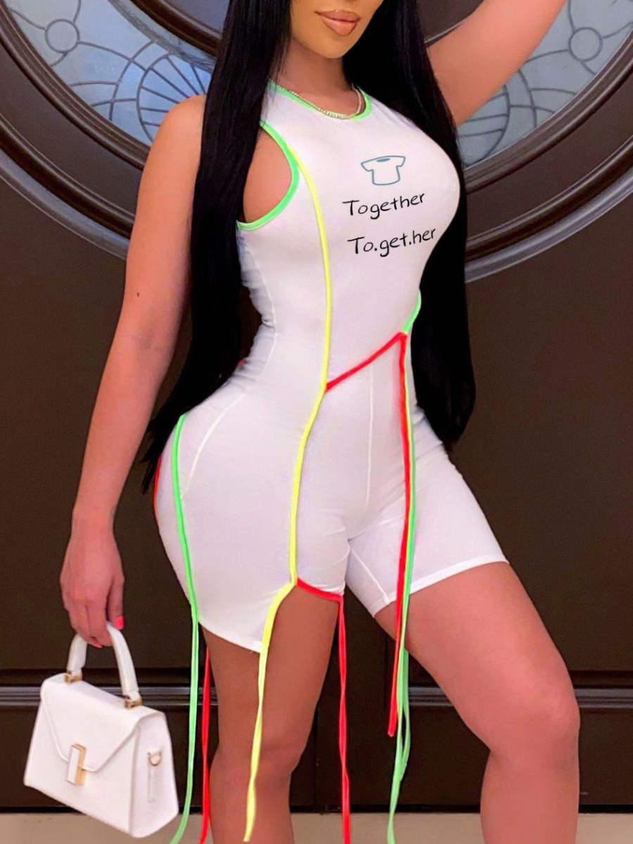 

Lovely Street Letter Print Striped Tassel Design White One-piece Romper