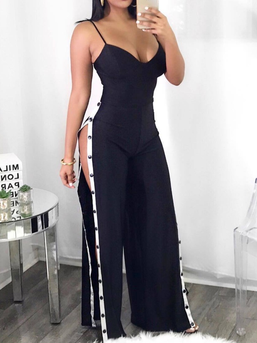 

Lovely Sexy Striped Buttton Design Black One-piece Jumpsuit