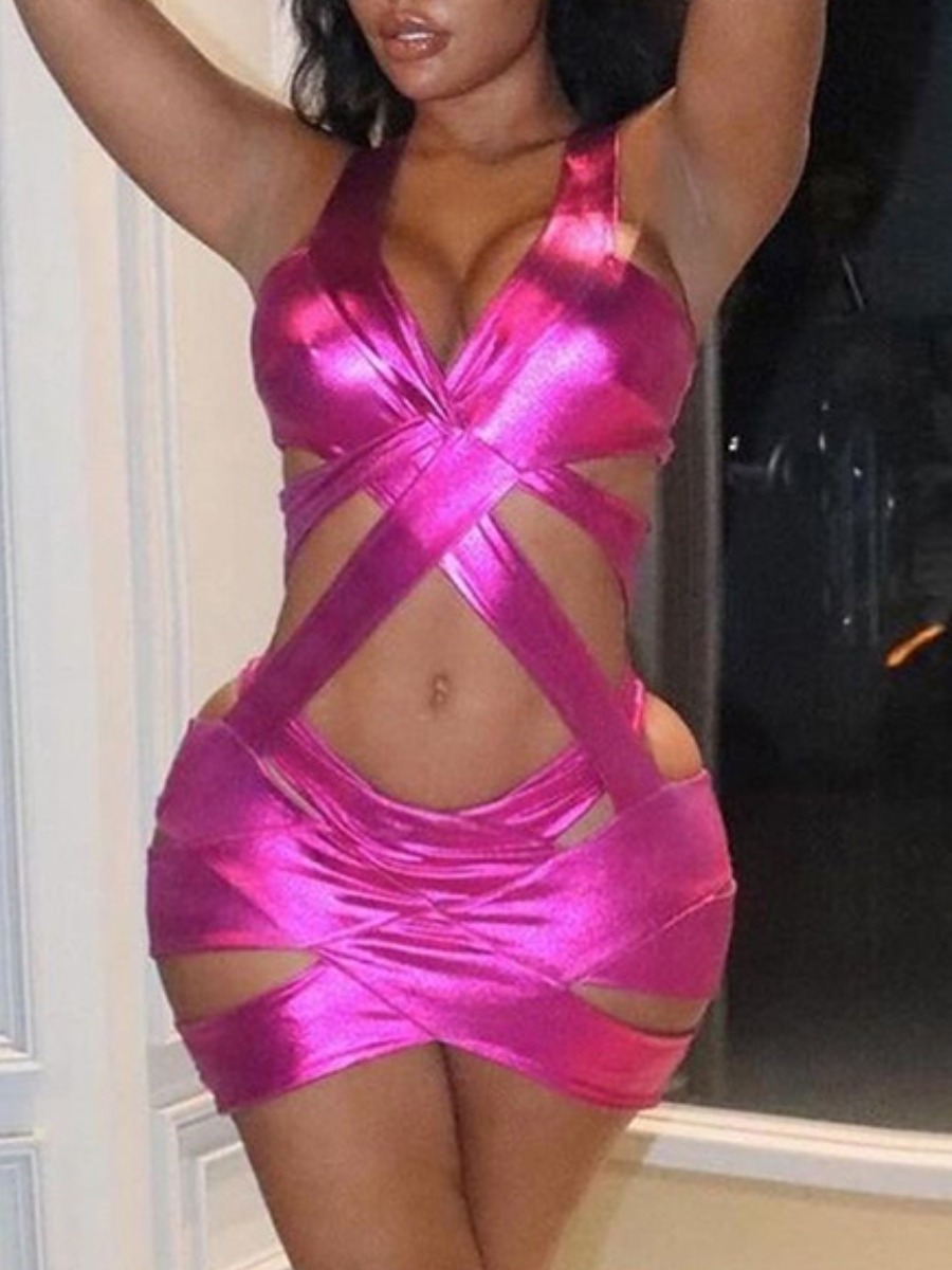 

Lovely Sexy Bandage Hollow-out Design Rose Red Mini Dress