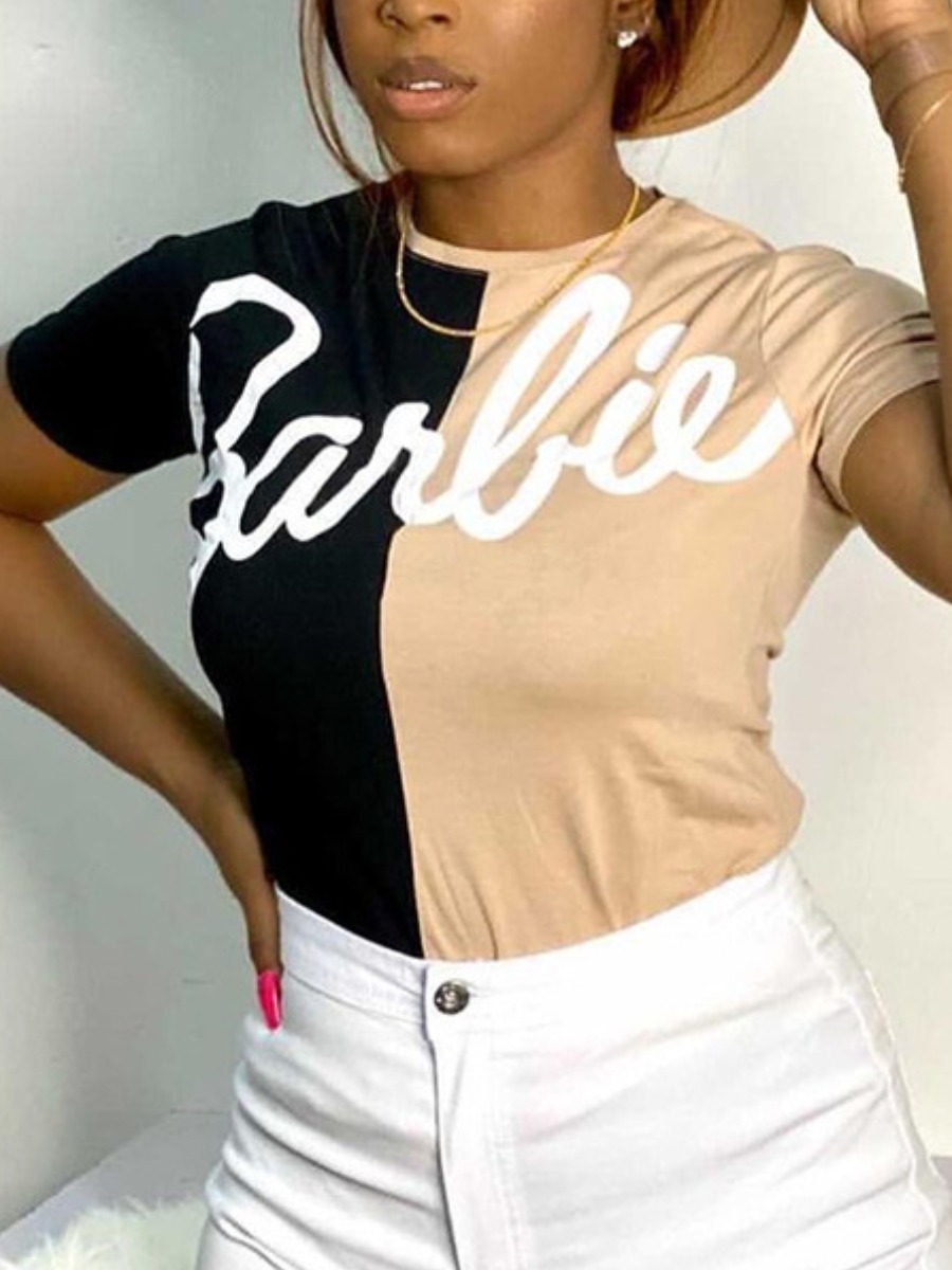 

Lovely Street Letter Print Patchwork Black T-shirt