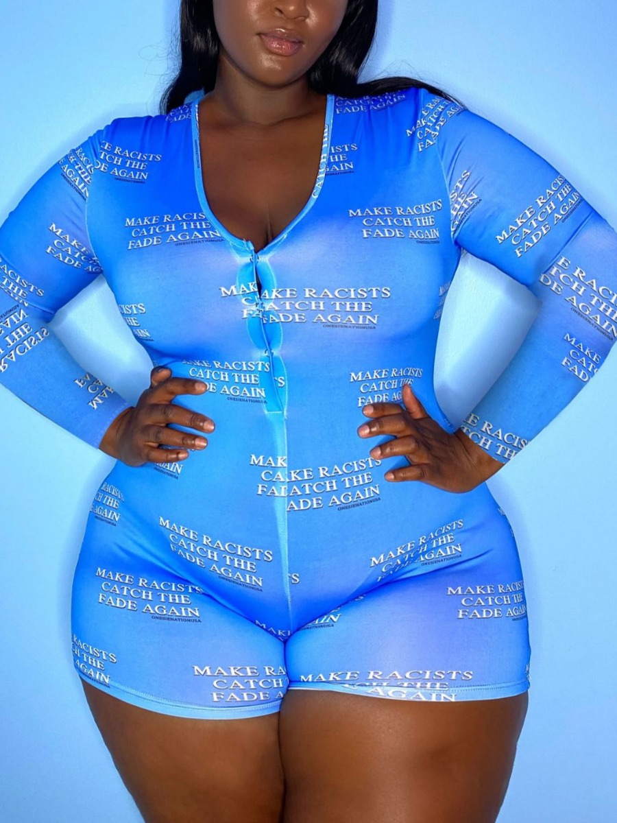 

Lovely Plus Size Sweet Letter Print Button Design Skyblue One-piece Romper