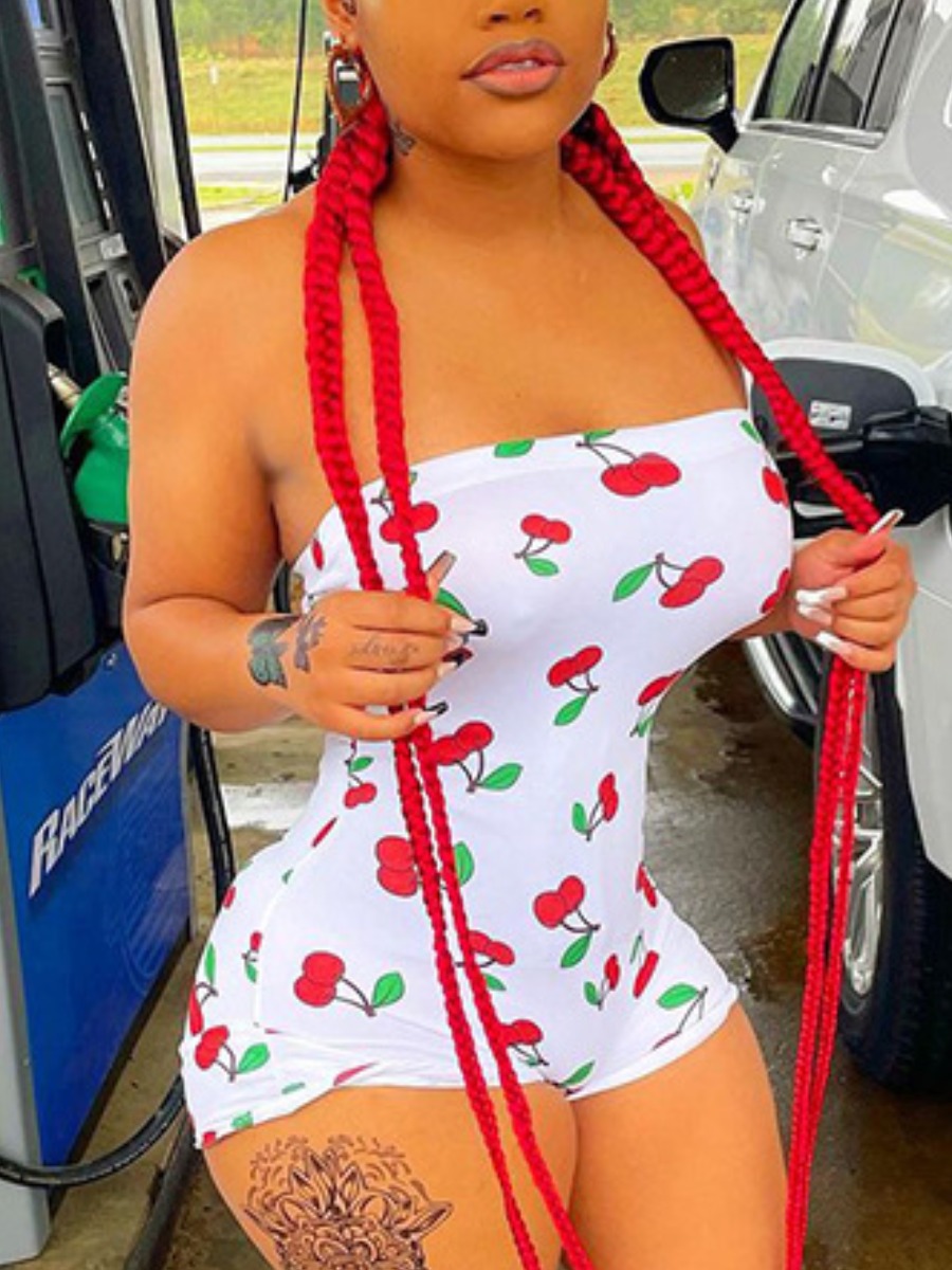 

Lovely Plus Size Casual Off The Shoulder Fruit PrintWhite One-piece Romper, White