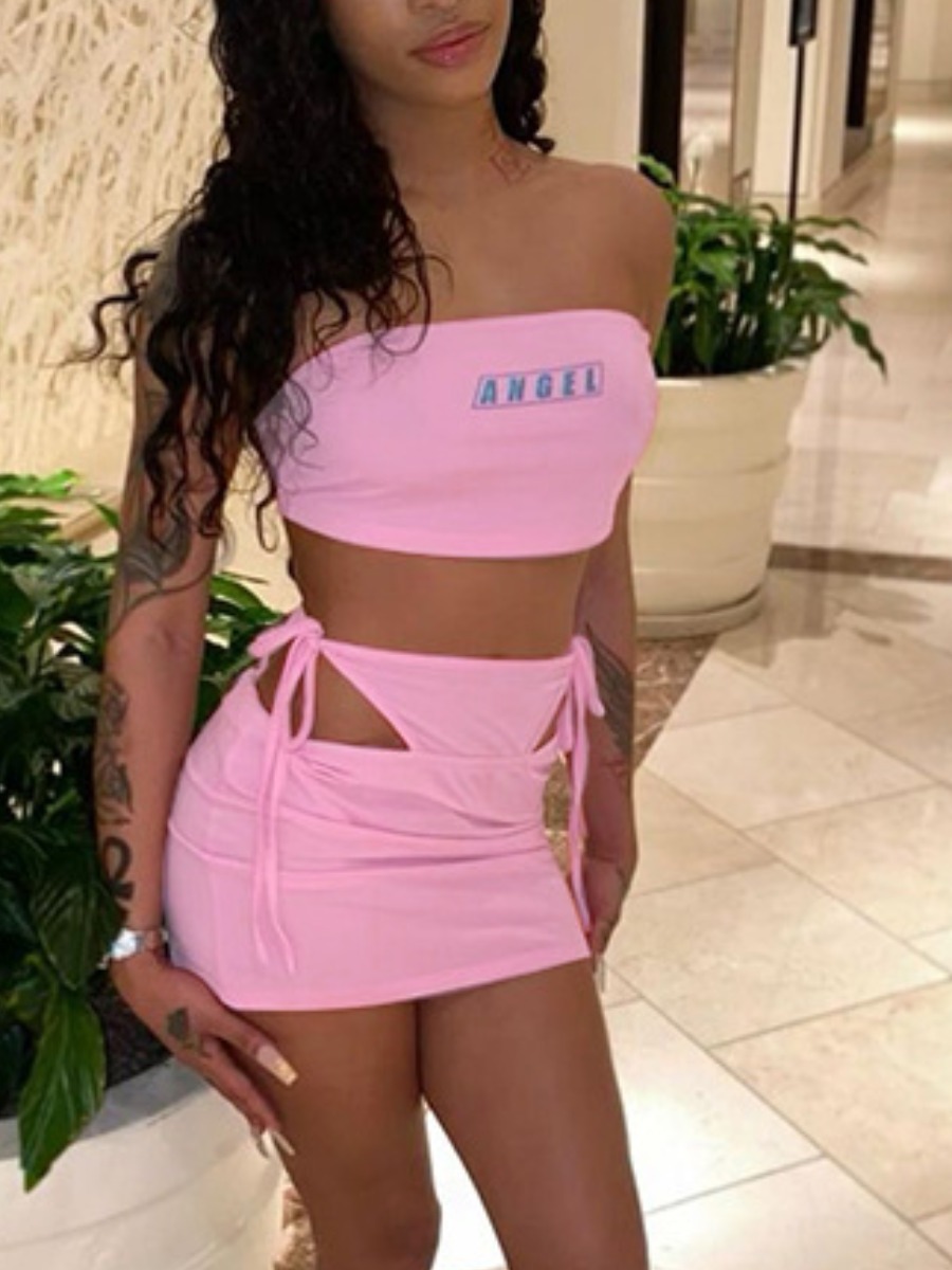 

Lovely Sexy Bandage Hollow-out Design Pink Two Piece Skirt Set