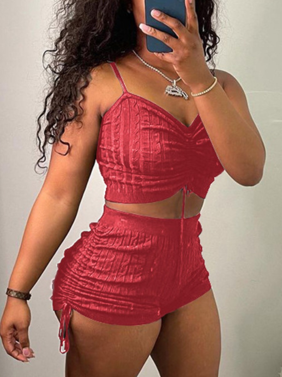 

Lovely Casual Ruched Drawstring Red Two Piece Shorts Set