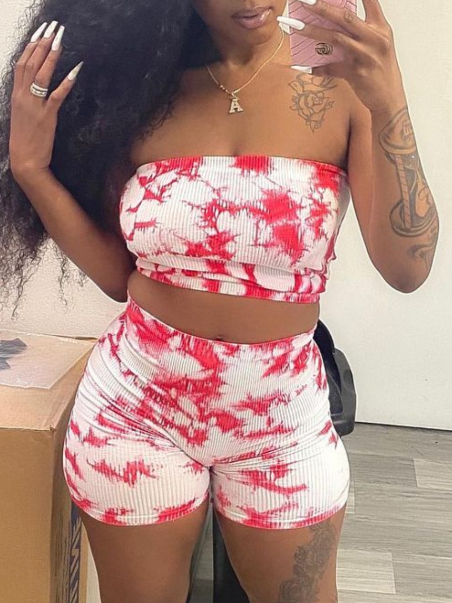 

Lovely Casual Off The Shoulder Tie Dye Red Two Piece Shorts Set