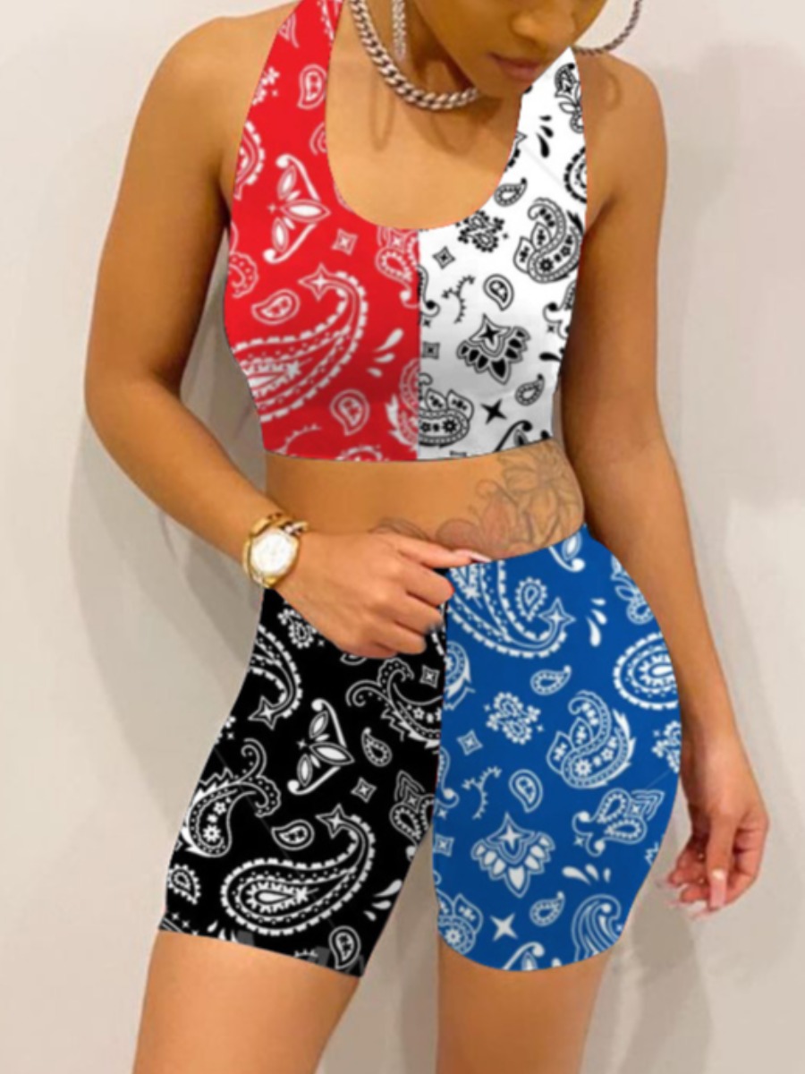 

Lovely Casual U Neck Cashew Print Multicolor Two Piece Shorts Set, Multi