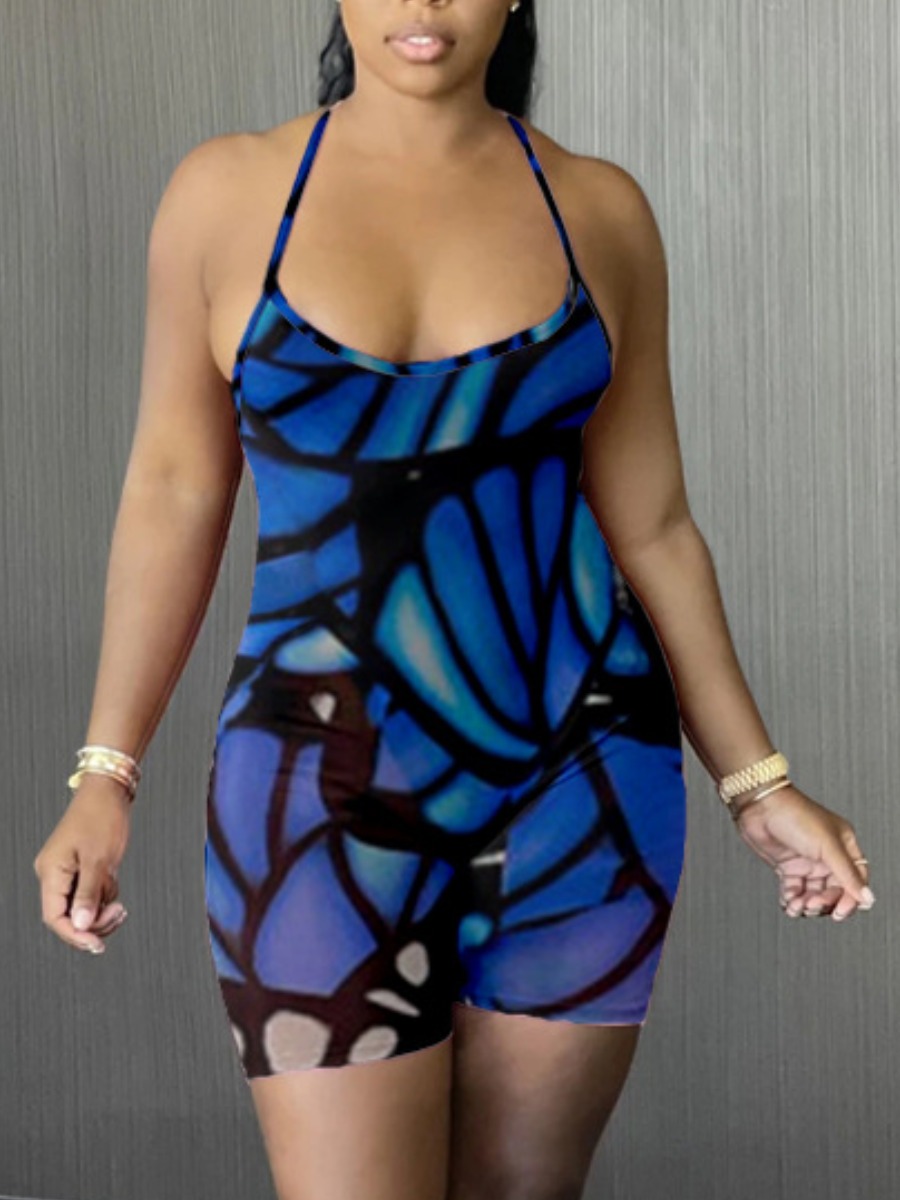 

LW Street Butterfly Print Backless Blue One-piece Romper