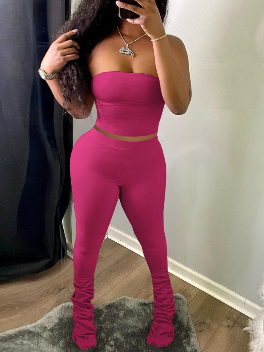 

Lovely Casual Off The Shoulder Fold Design Rose Red Two Piece Pants Set