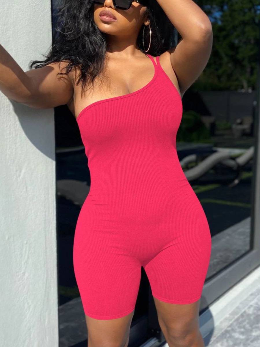 

LW Sporty One Shoulder Basic Skinny Rose Red One-piece Romper