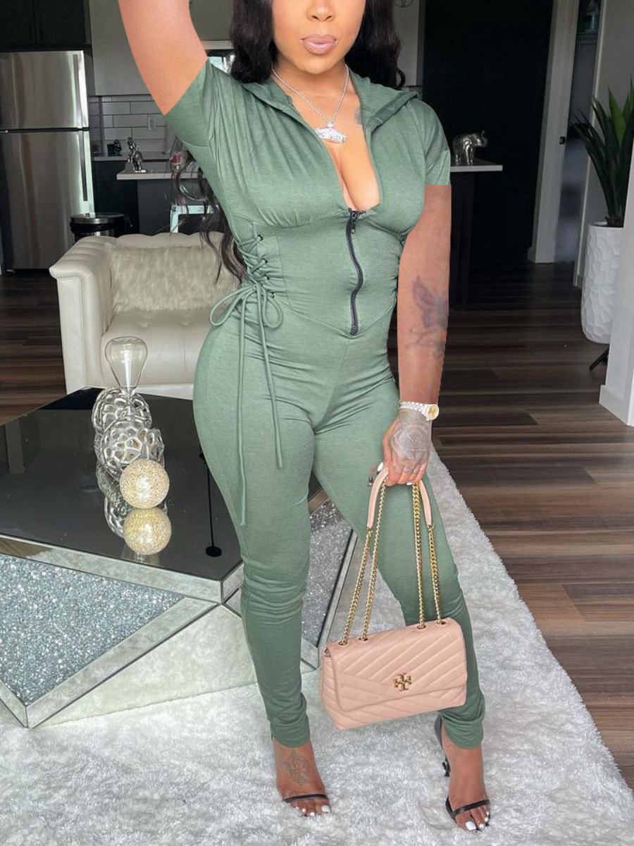 

Lovely Street Hooded Collar Bandage Design Army Green One-piece Jumpsuit