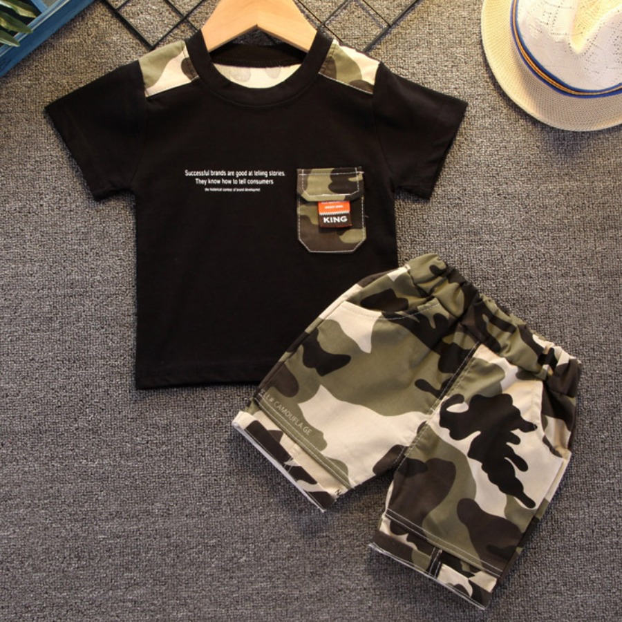 

Lovely Boy Casual O Neck Camo Print Black Two Piece Shorts Set