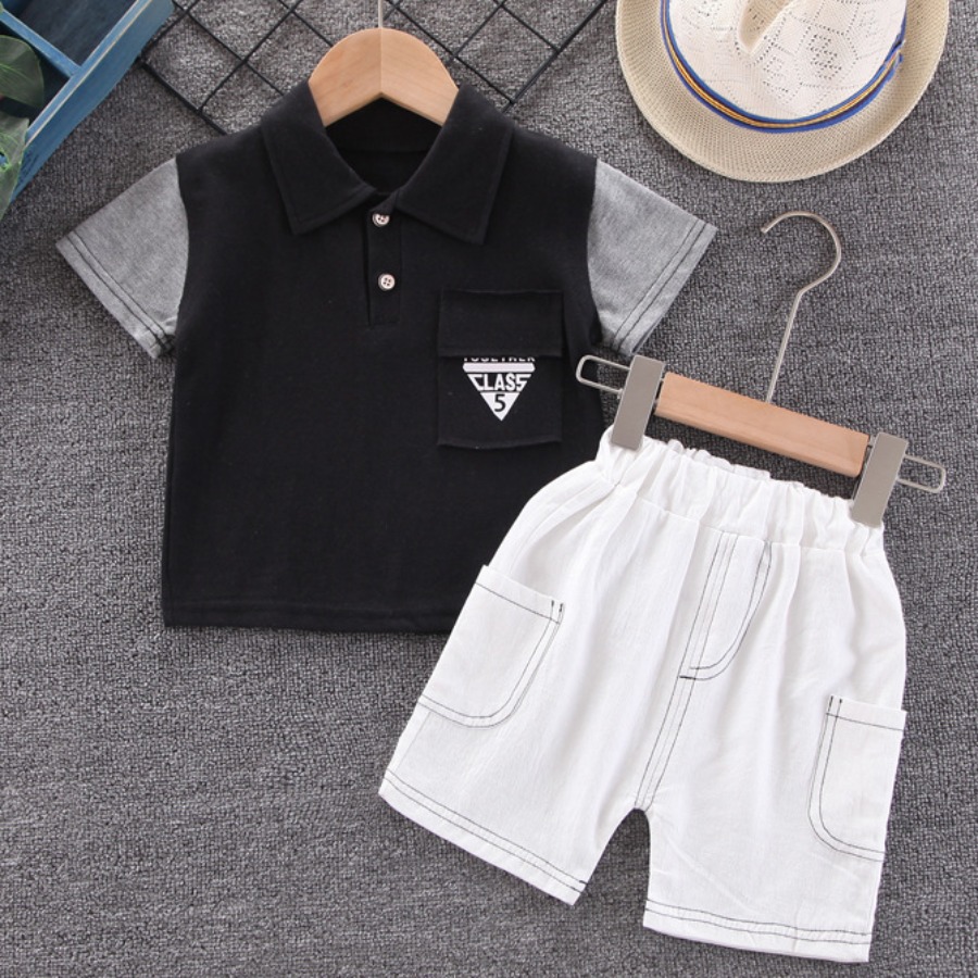 

Lovely Boy Casual Turndown Collar Pocket Design Black Two Piece Shorts Set