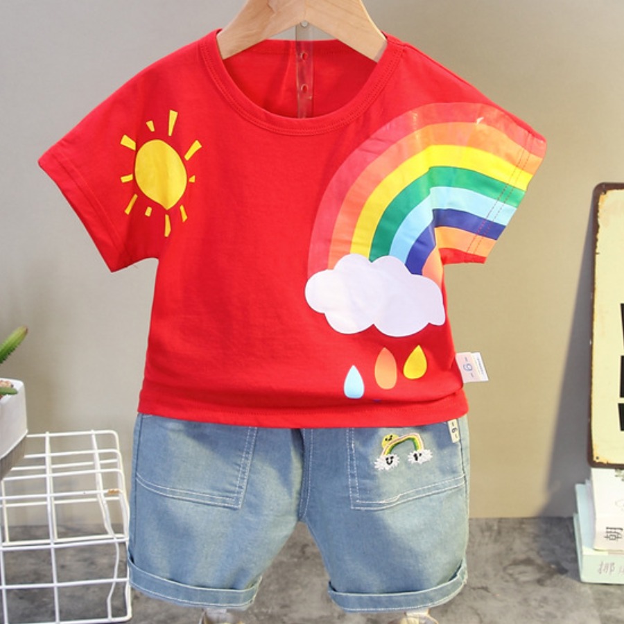 

Lovely Girl Casual O Neck Rainbow Stripe Red Two Piece Shorts Set