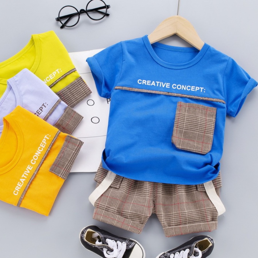 

Lovely Boy Street O Neck Letter Plaid Print Blue Two Piece Shorts Set