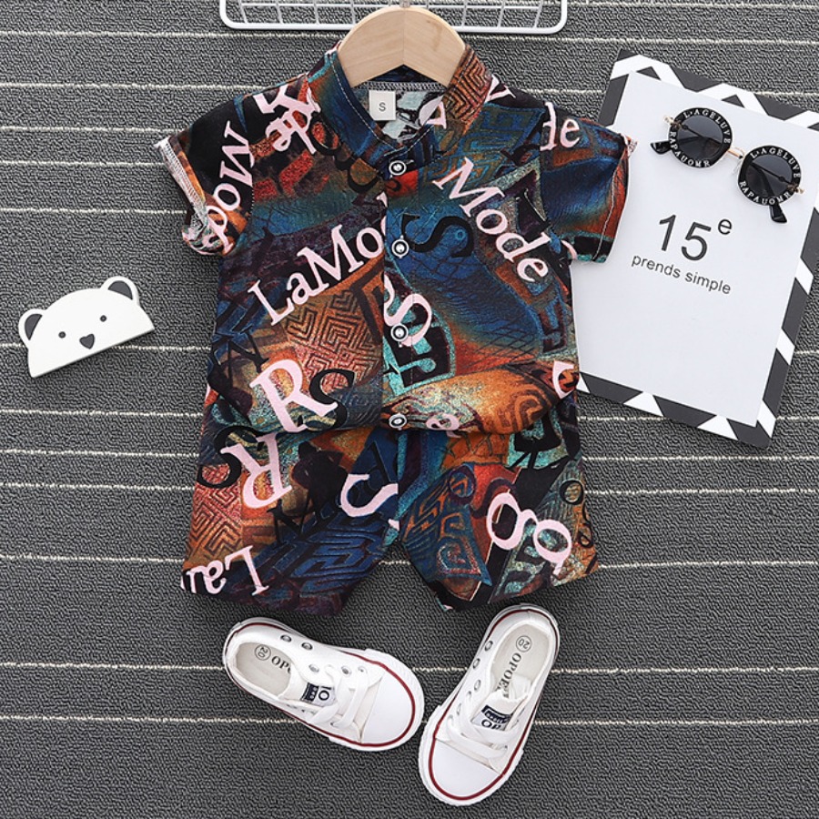 

Lovely Boy Street Letter Print Patchwork Deep Blue Two Piece Shorts Set