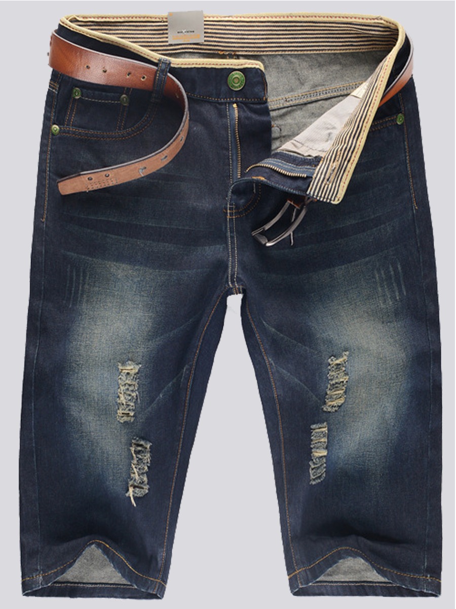 

Lovely Men Casual Mid Waist Ripped Deep Blue Denim Shorts