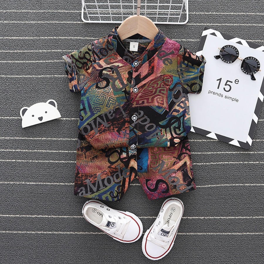

Lovely Boy Street Letter Print Patchwork Brown Two Piece Shorts Set