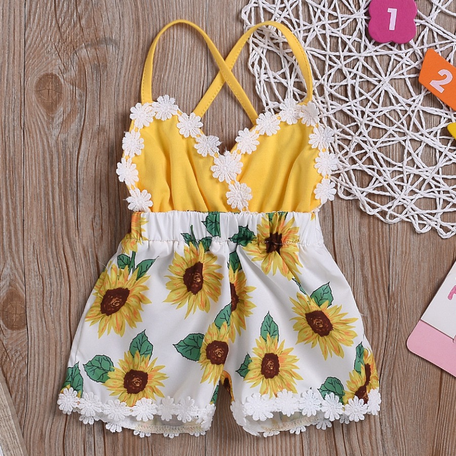 

Lovely Girl Sunflower Sweet Floral Print Cross Strap Yellow One-piece Romper