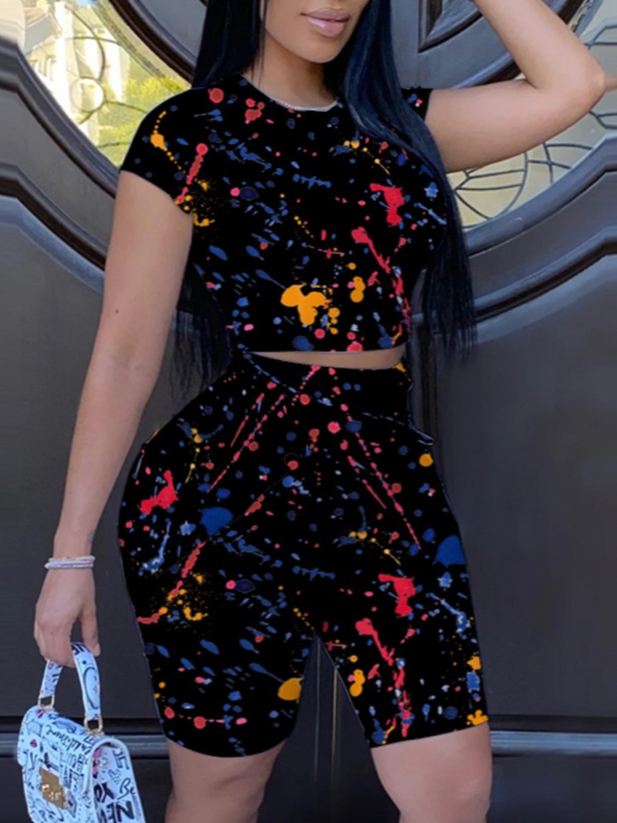 

Lovely Plus Size Casual O Neck Splash Ink Print Black Two-piece Shorts Set