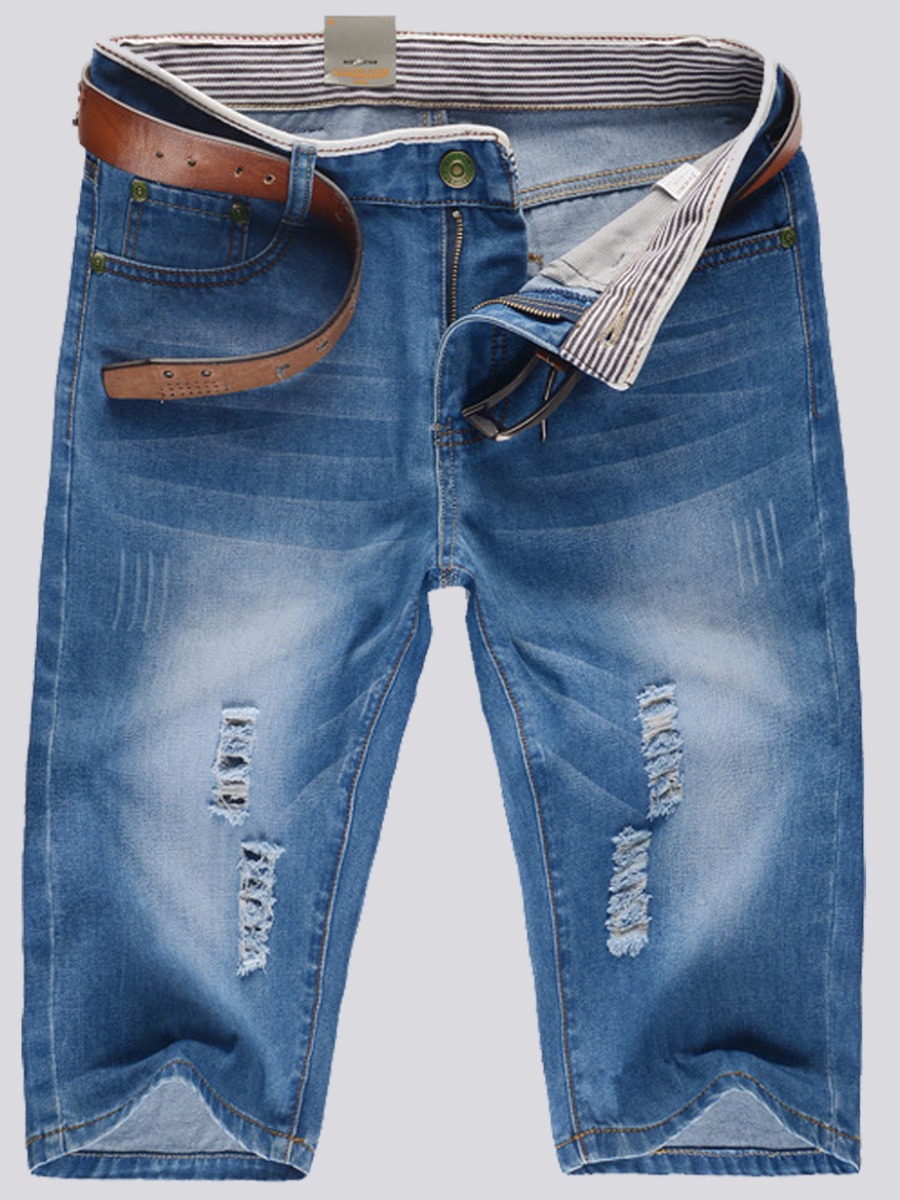 

Lovely Men Casual Mid Waist Ripped Baby Blue Denim Shorts