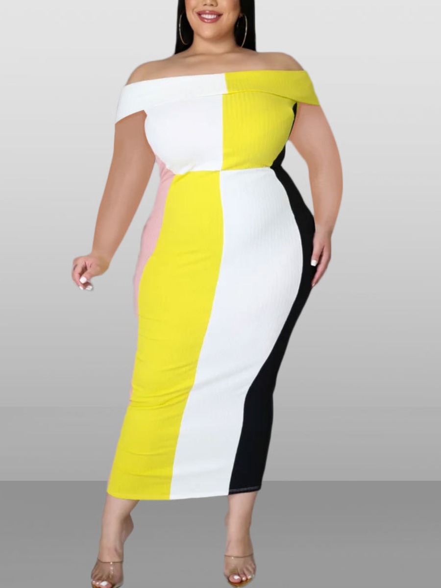 

Lovely Plus Size Elegant Off The Shoulder Color-lump Yellow Ankle Length Dress(No-positioning Printing)