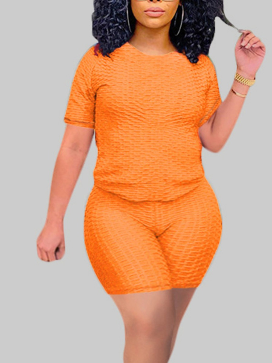 

Lovely Plus Size Sporty O Neck Elastic Orange Two-piece Shorts Set