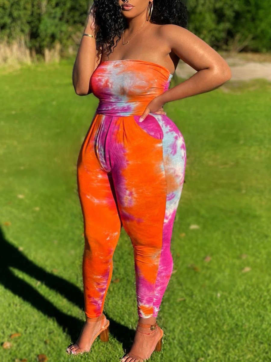 

Lovely Plus Size Street Off The Shoulder Tie-dye Purple One-piece Jumpsuit