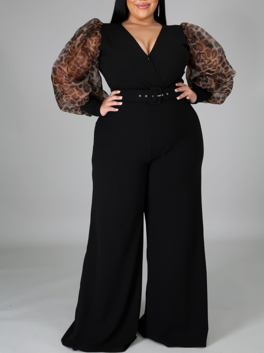 

Lovely Plus Size Elegant See-through Ruffle Design Black One-piece Jumpsuit