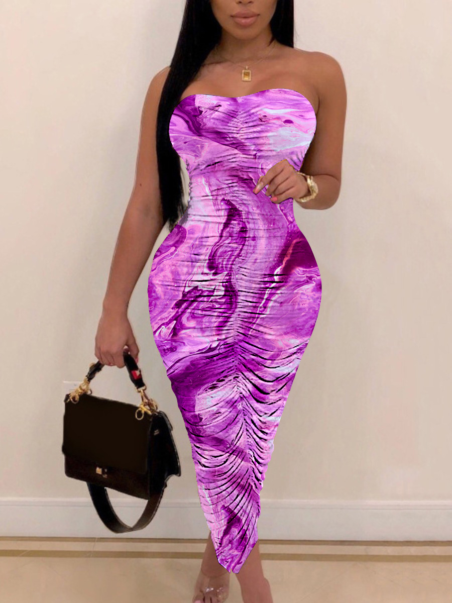 

Lovely Casual Off The Shoulder Tie-dye Purple Ankle Length Dress