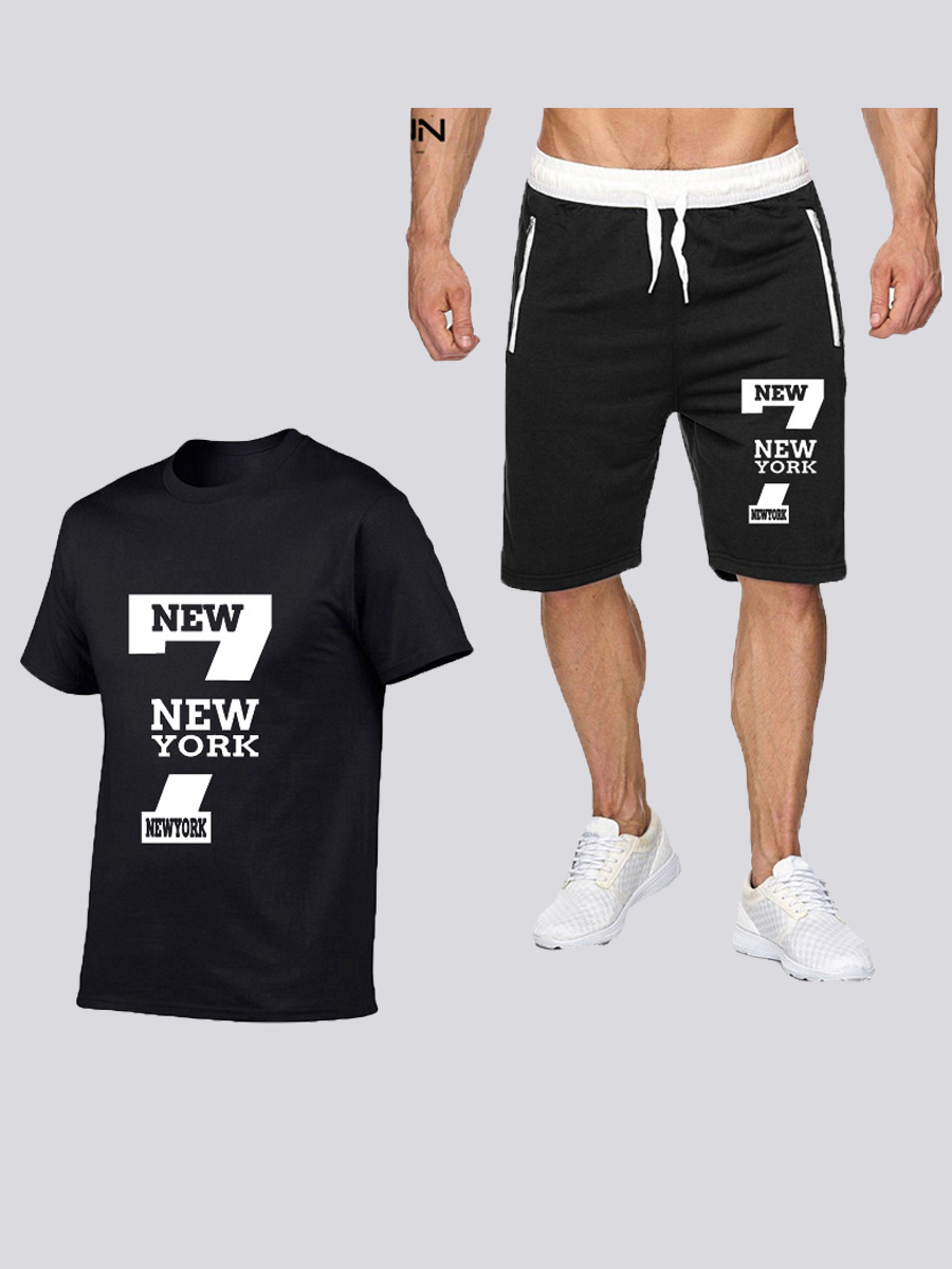 

Lovely Men Sporty Letter Print Drawstring Black Two Piece Shorts Set