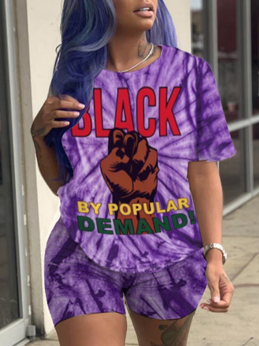 

Lovely Street Tie Dye Letter Print Purple Two Piece Shorts Set