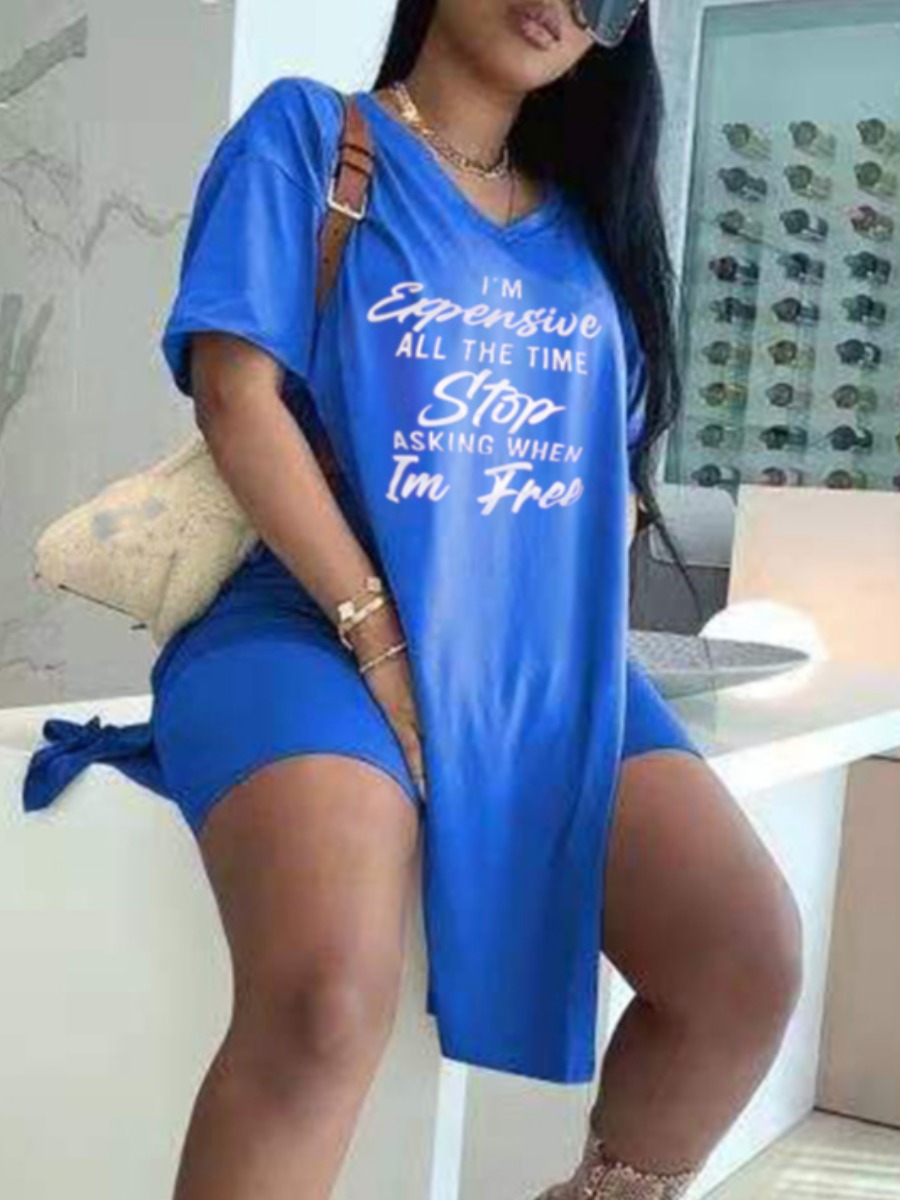 

Lovely Casual Letter Print Split Blue Two Piece Shorts Set
