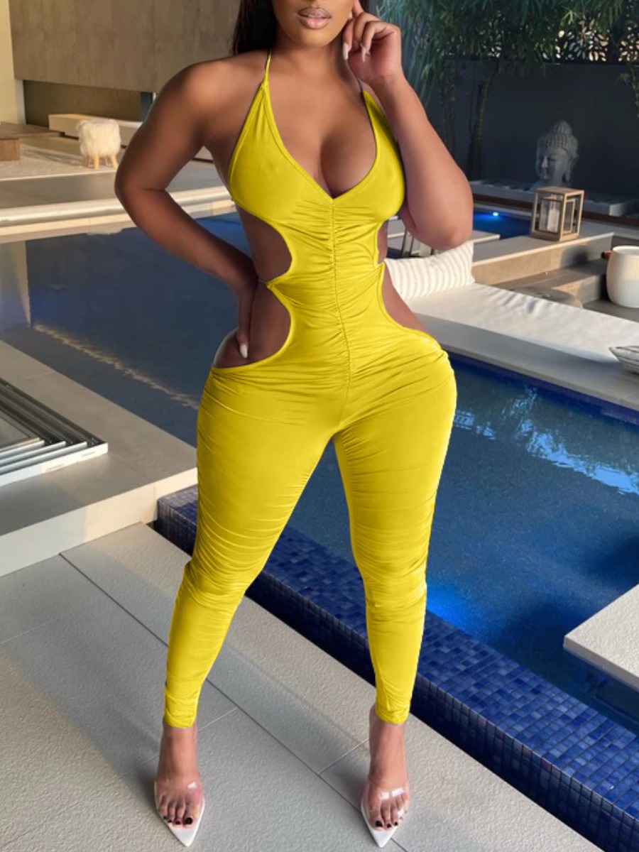 

Lovely Sexy Backless Bandage Design Yellow One-piece Jumpsuit