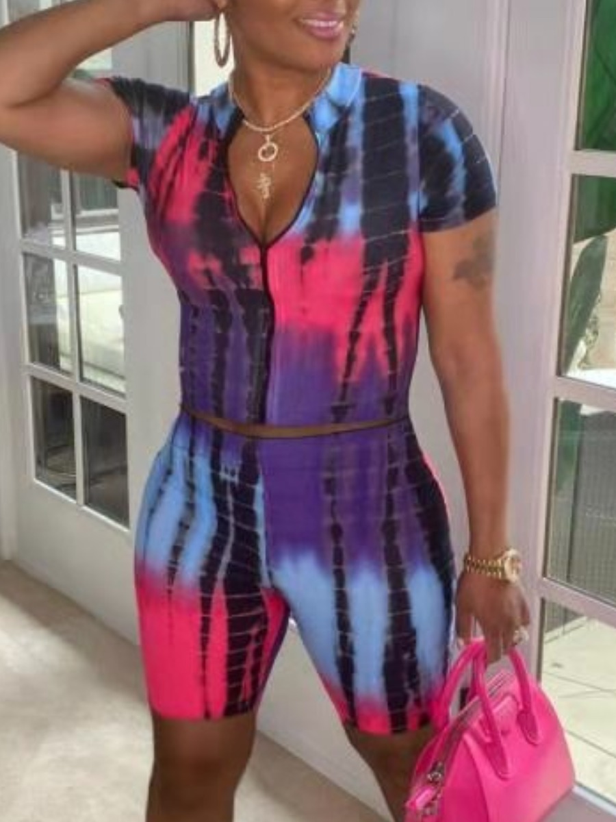 

Lovely Street Tie Dye Zipper Design Purple Two Piece Shorts Set