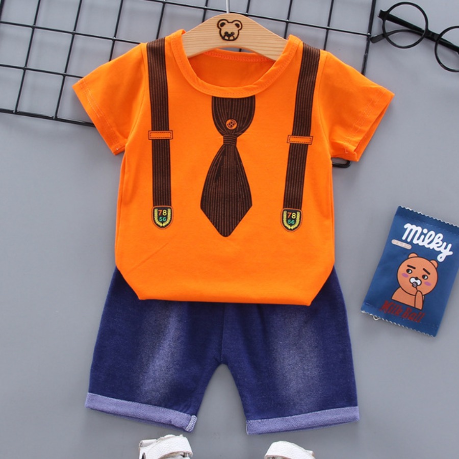 

Lovely Boy Street O Neck Tie Print Orange Two Piece Shorts Set