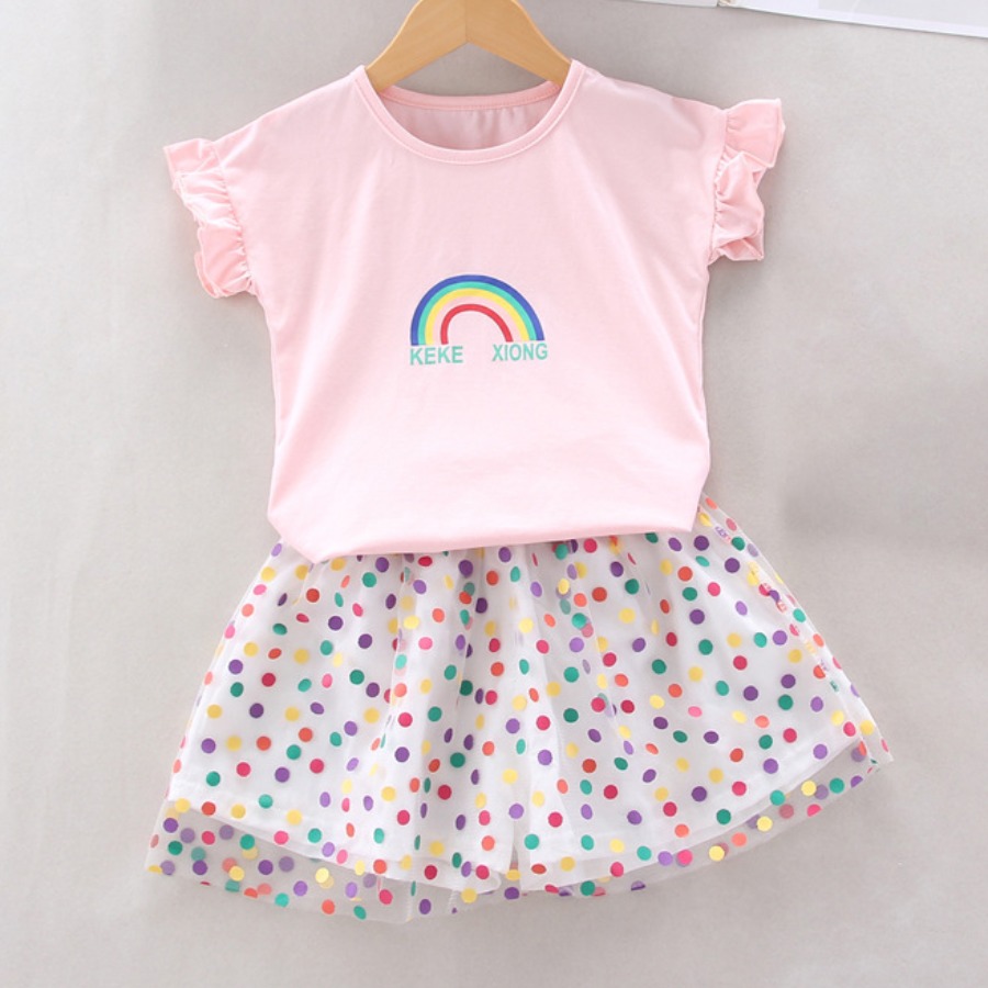 

Lovely Girl Sweet Rainbow Print Mesh Flounce Design Pink Two Piece Skirt Set