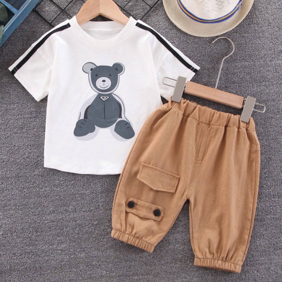 

Lovely Boy Casual Cartoon Print Striped White Two Piece Pants Set