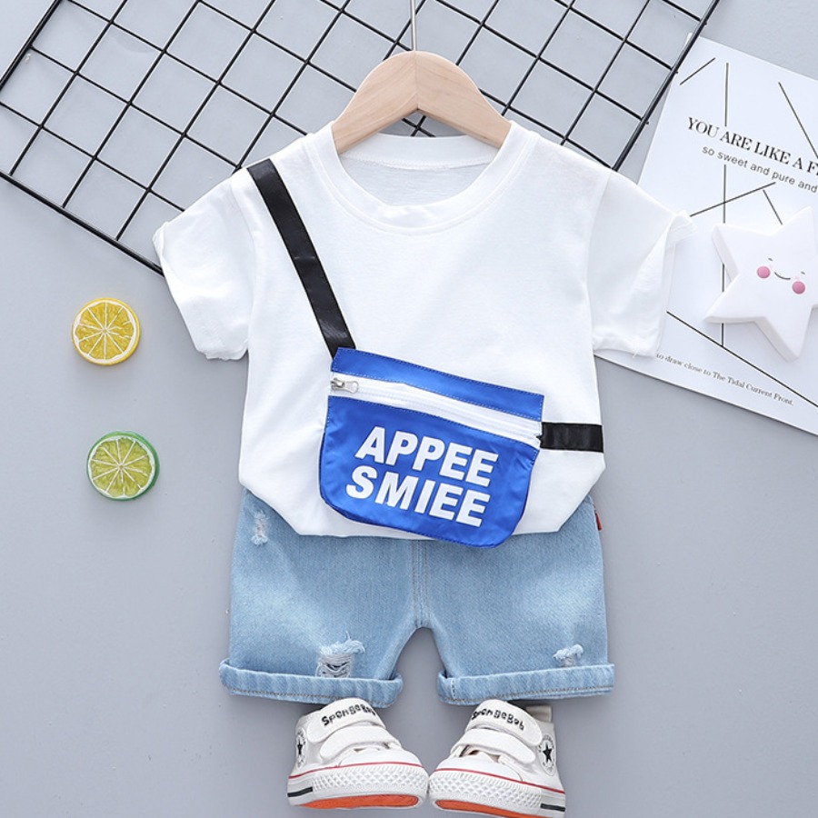 

Lovely Boy Casual O Neck Ripped WhiteTwo Piece Shorts Set(Without Bag), White