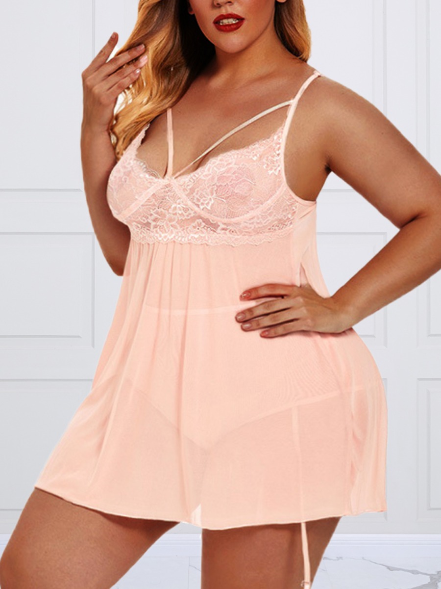 

Lovely Plus Size Sexy See-through Floral Decoration Pink Babydoll