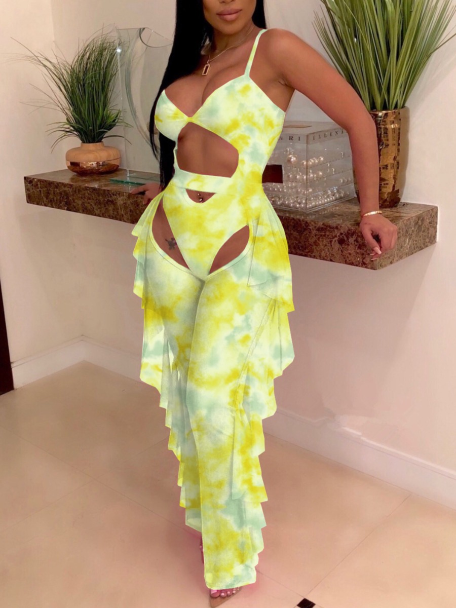 

Lovely Boho Tie-dye Hollow-out Flounce Design Yellow Two-piece Swimsuit