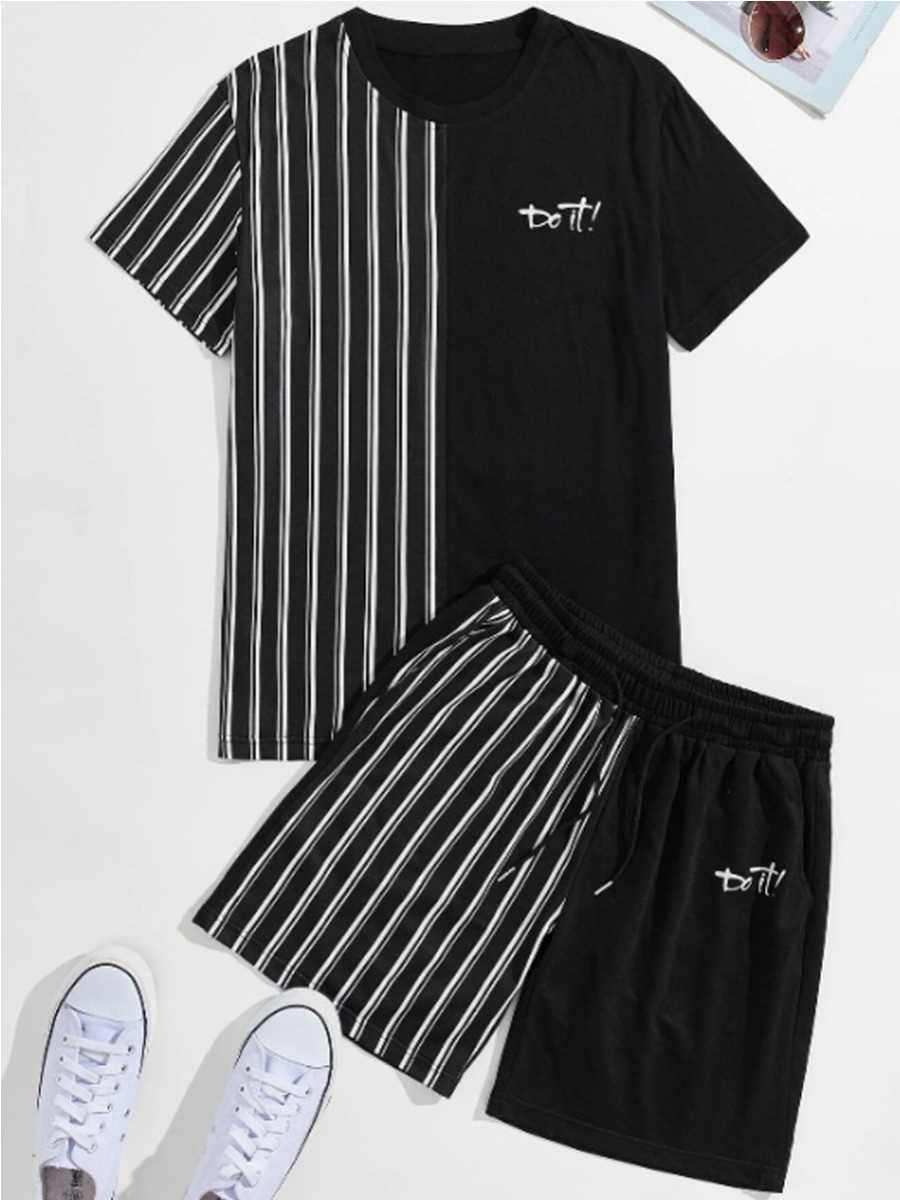 

LW Men Casual O Neck Striped Black Two Piece Shorts Set