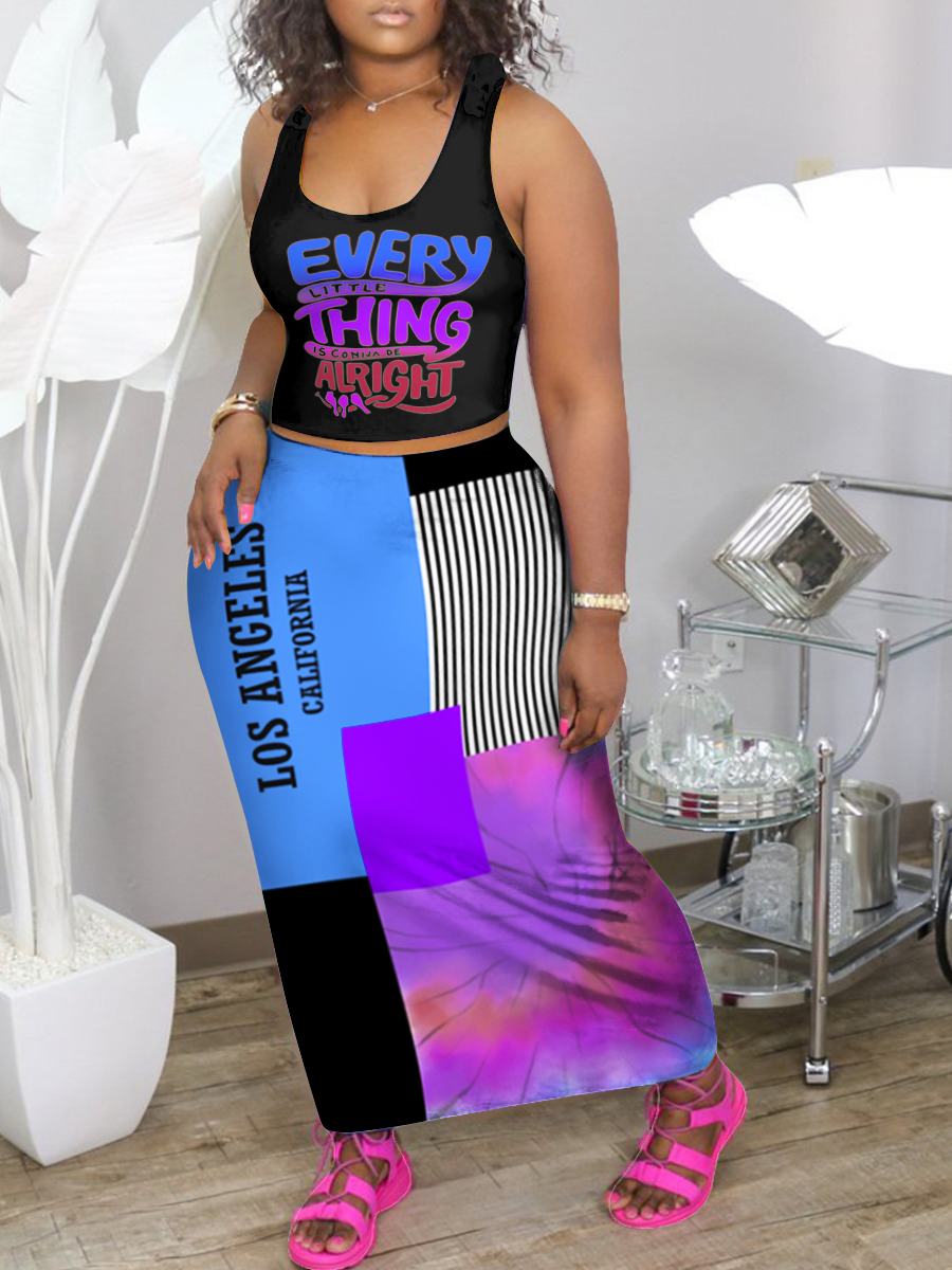 LW Letter Print Patchwork Skirt Set
