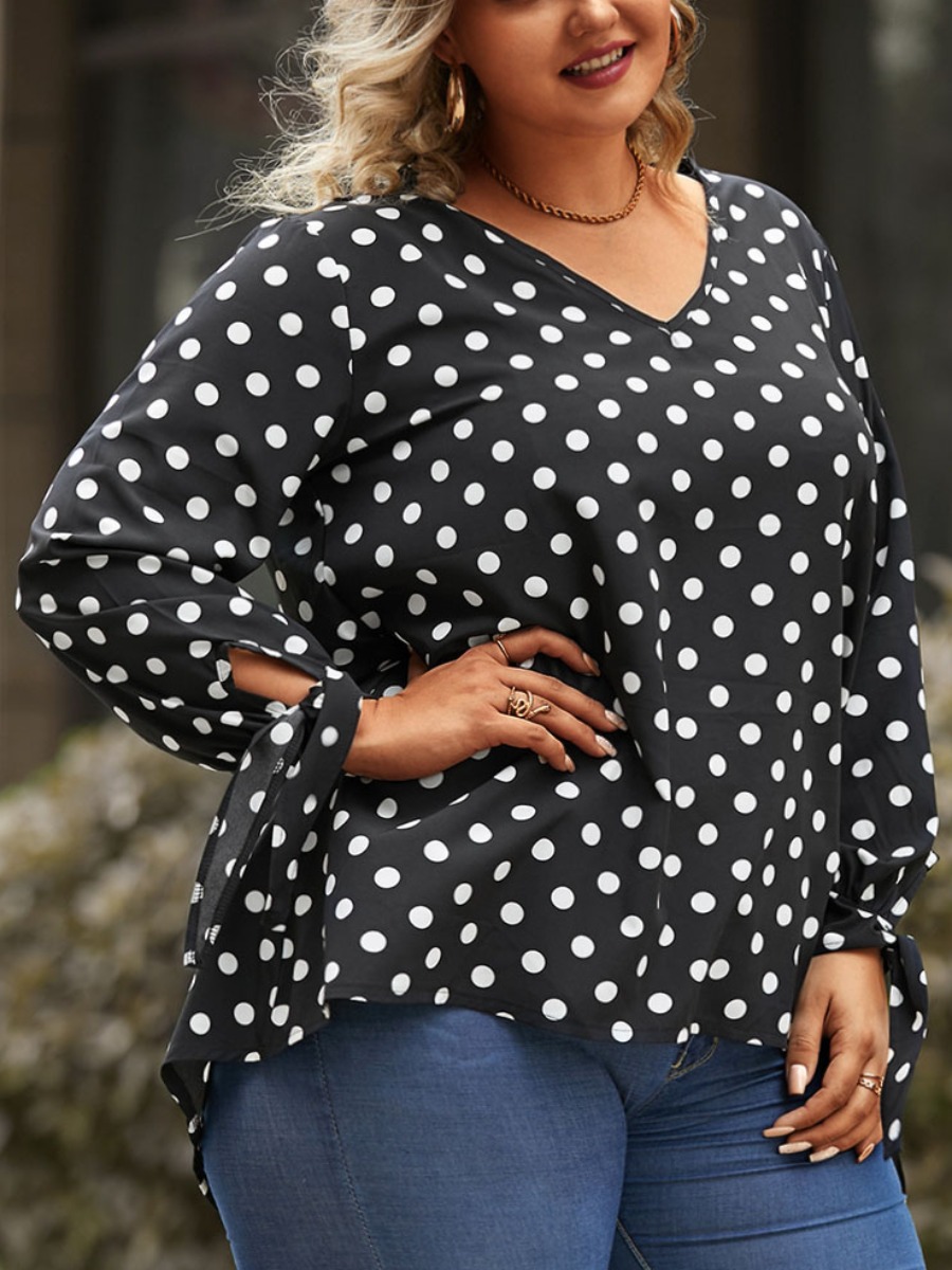 

Lovely Plus Size Casual Dot Print Bandage Design Black Blouse